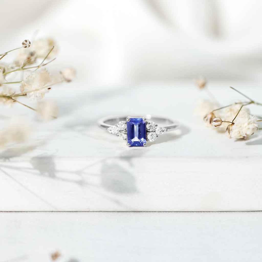 Tanzanite Engagement Ring - Emerald Cut Blue Gemstone | Lab Grown Diamonds, 14K White Gold Plated