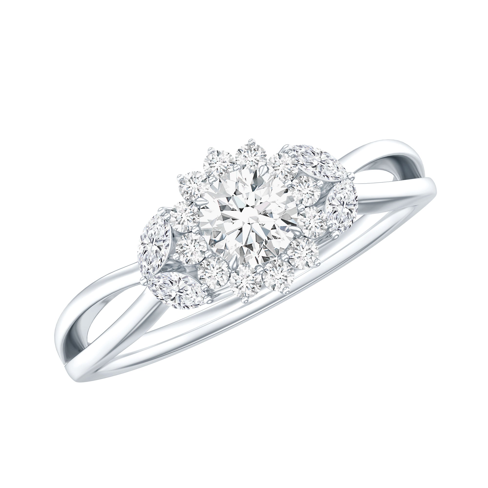 A silver ring with a large central diamond surrounded by smaller diamonds.