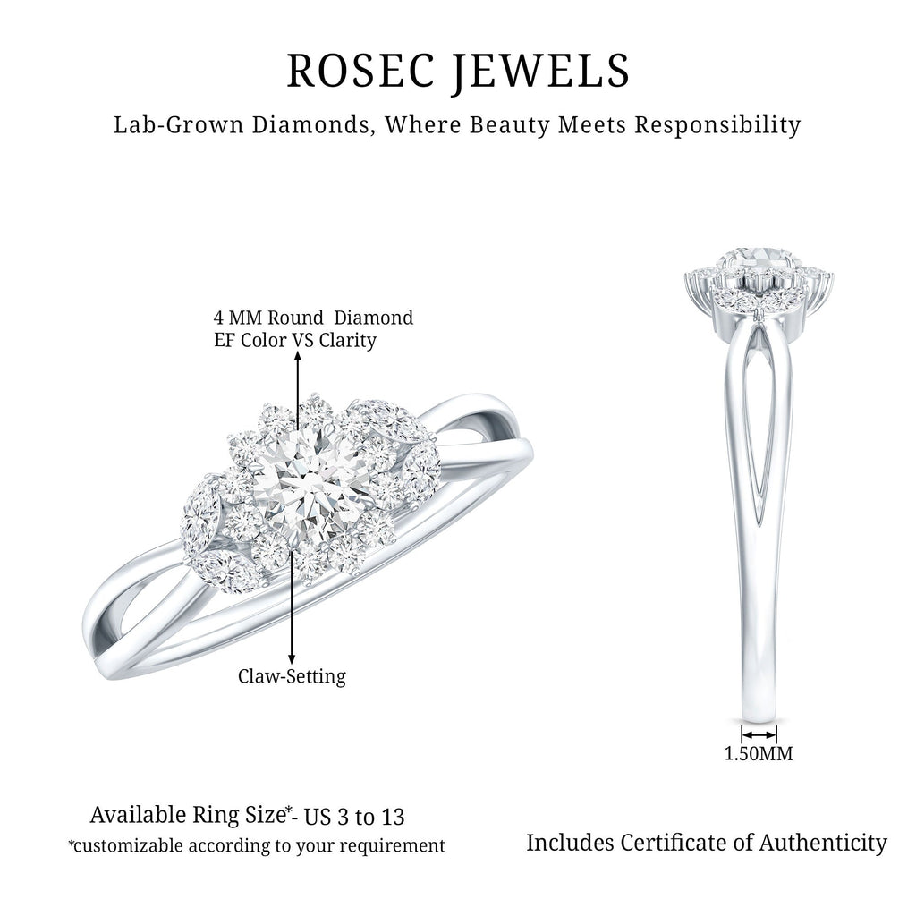 The image is a promotional image for roseec jewels, featuring a lab-grown diamond ring with a 4 mm round diamond and a claw-set design. The ring is available in sizes from US 3 to 13 and includes a certificate of authenticity.