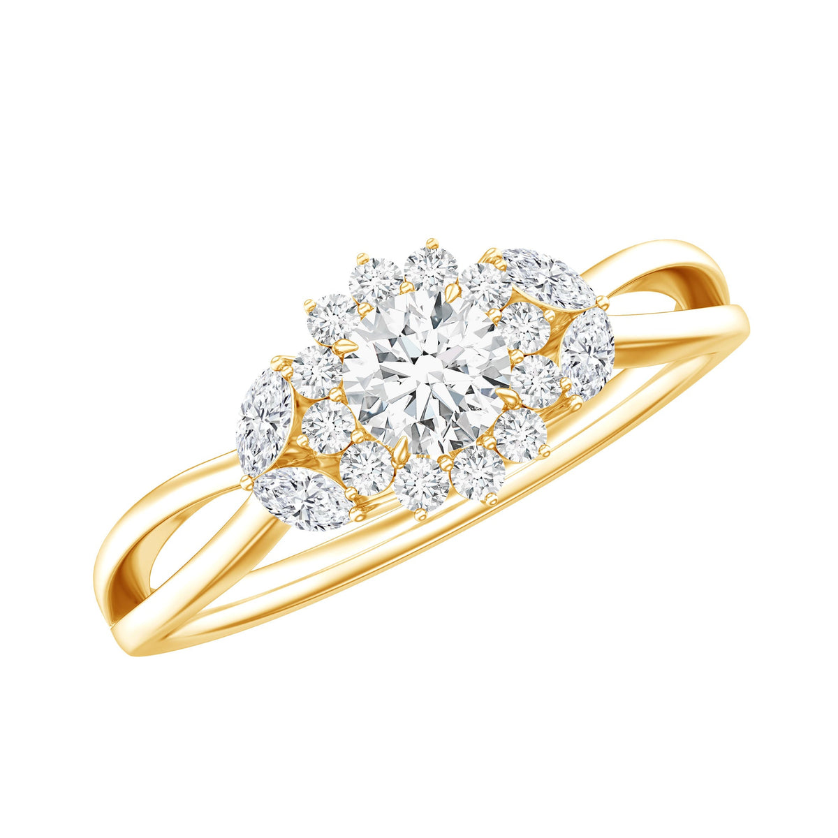 A gold ring with a large central diamond surrounded by smaller diamonds.