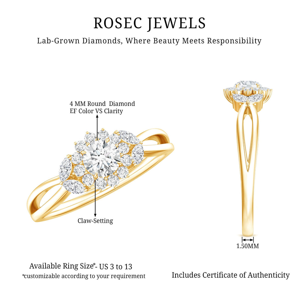 The image is a promotional image for roseec jewels, showcasing a lab-grown diamond ring with a 4 mm round diamond and a claw-set design. The ring is available in sizes from US 3 to 13 and includes a certificate of authenticity.