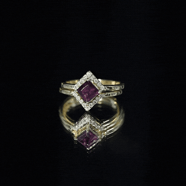 Rhodolite Garnet Engagement Ring – Princess Cut 14k Yellow Gold with Diamond Enhancer Band