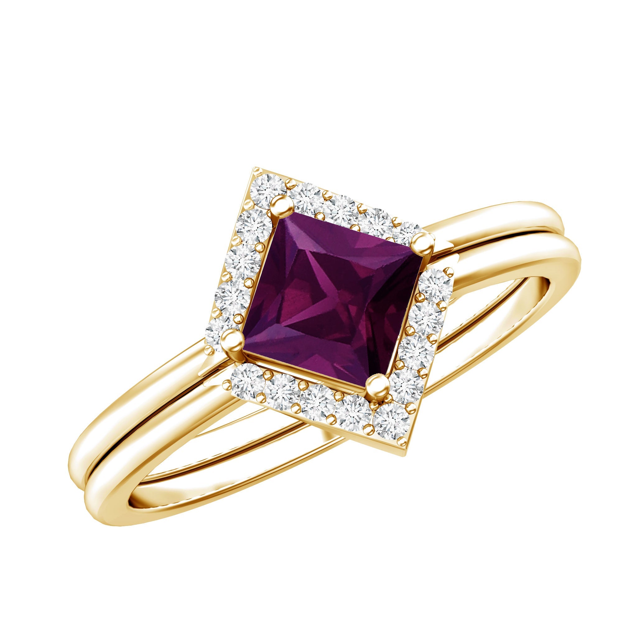 Rhodolite Garnet Engagement Ring – Princess Cut 14k Yellow Gold with Diamond Enhancer Band