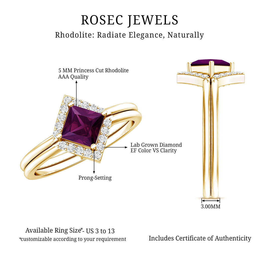 Rhodolite Garnet Engagement Ring – Princess Cut 14k Yellow Gold with Diamond Enhancer Band
