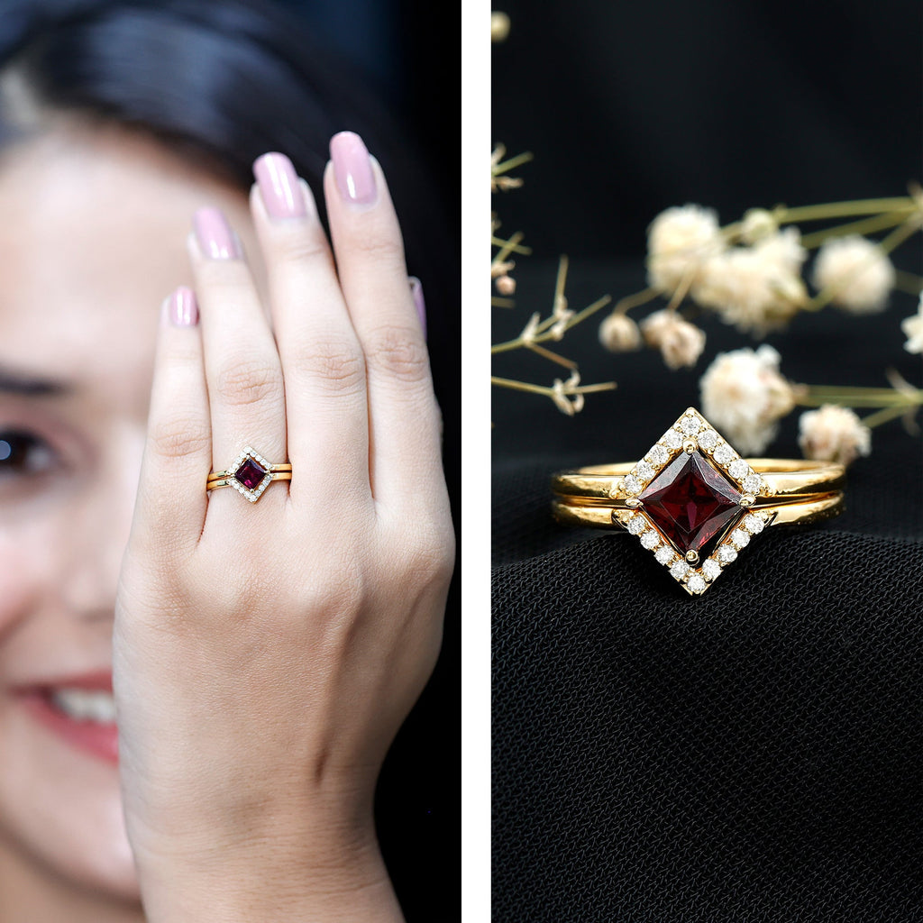 Rhodolite Garnet Engagement Ring – Princess Cut 14k Yellow Gold with Diamond Enhancer Band