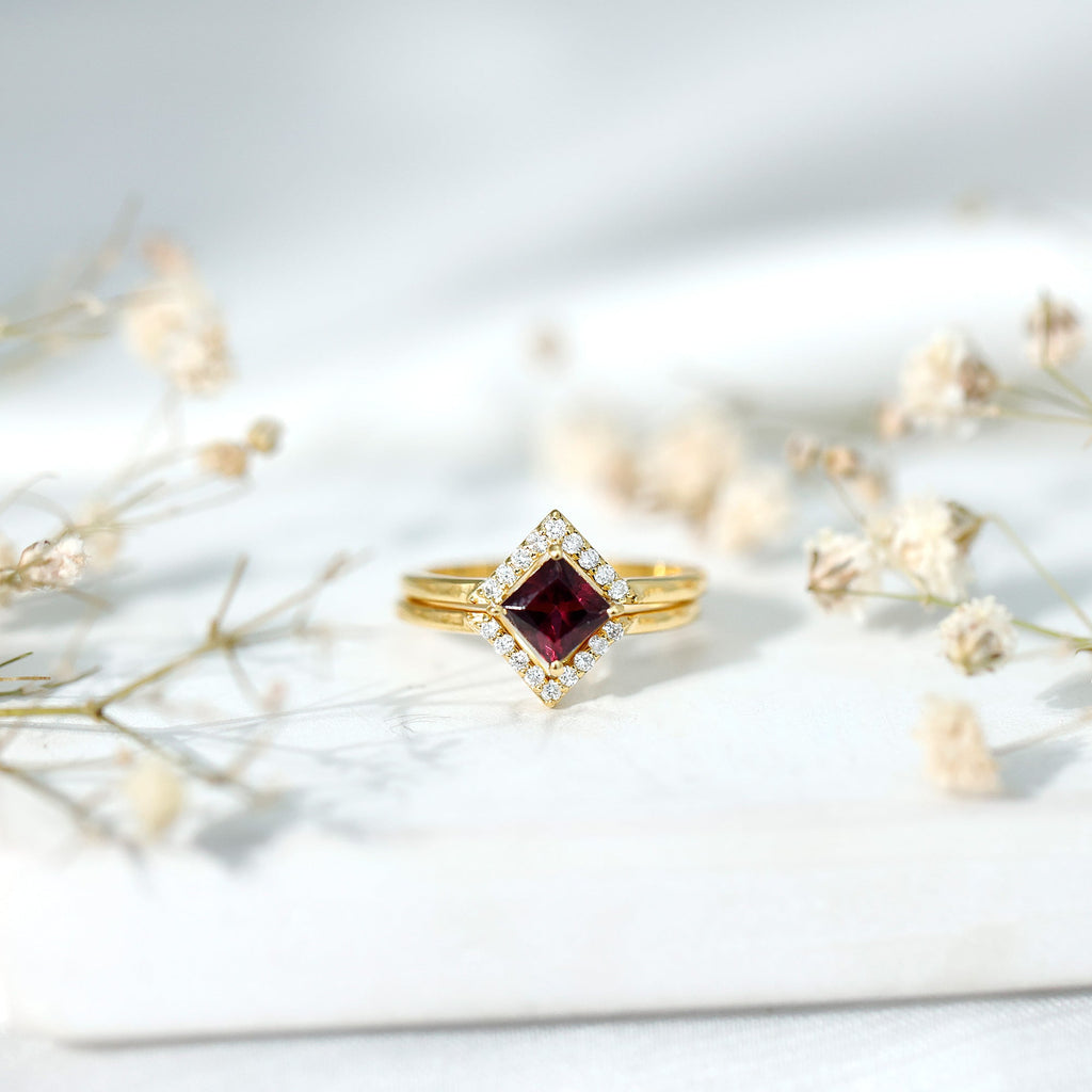 Rhodolite Garnet Engagement Ring – Princess Cut 14k Yellow Gold with Diamond Enhancer Band
