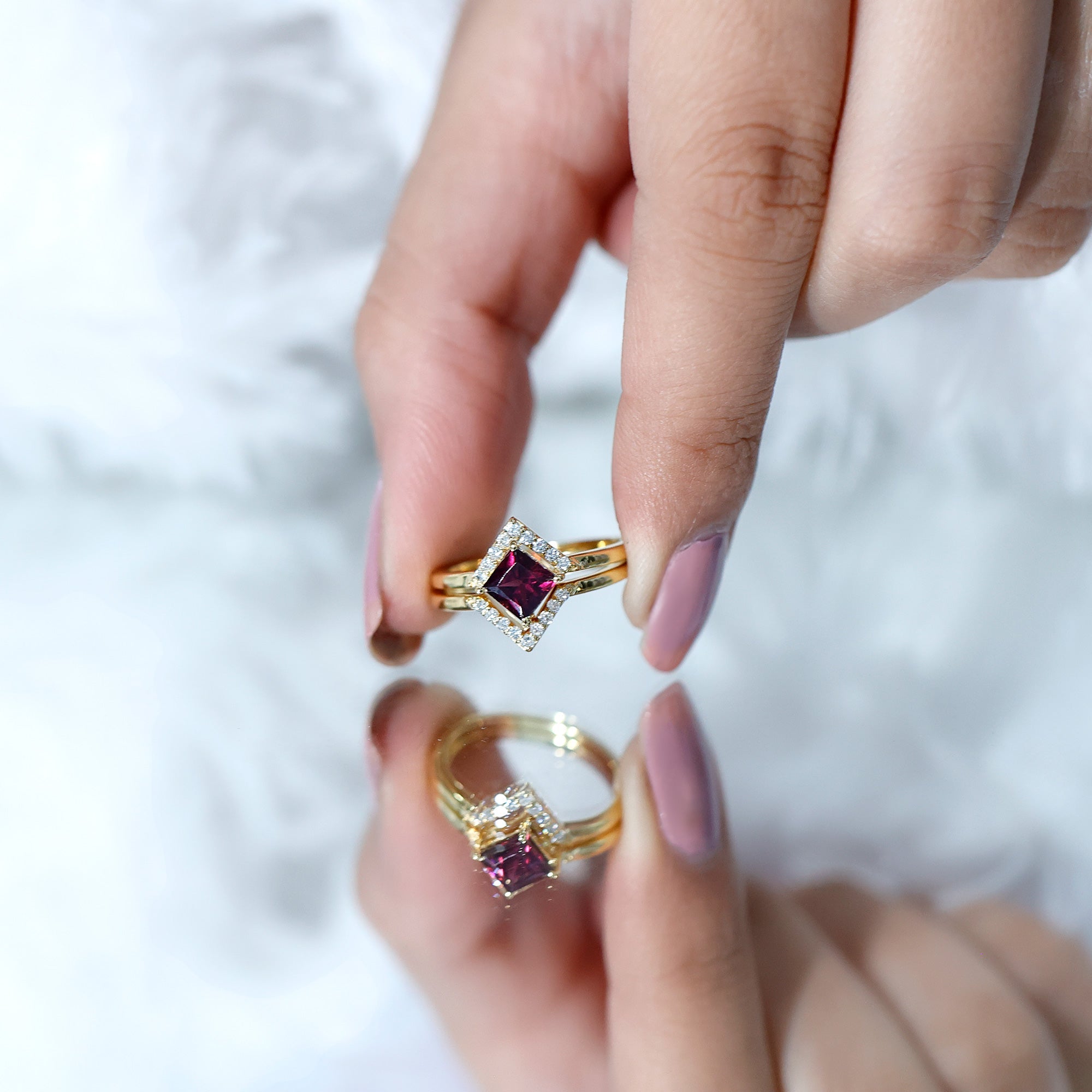 Rhodolite Garnet Engagement Ring – Princess Cut 14k Yellow Gold with Diamond Enhancer Band