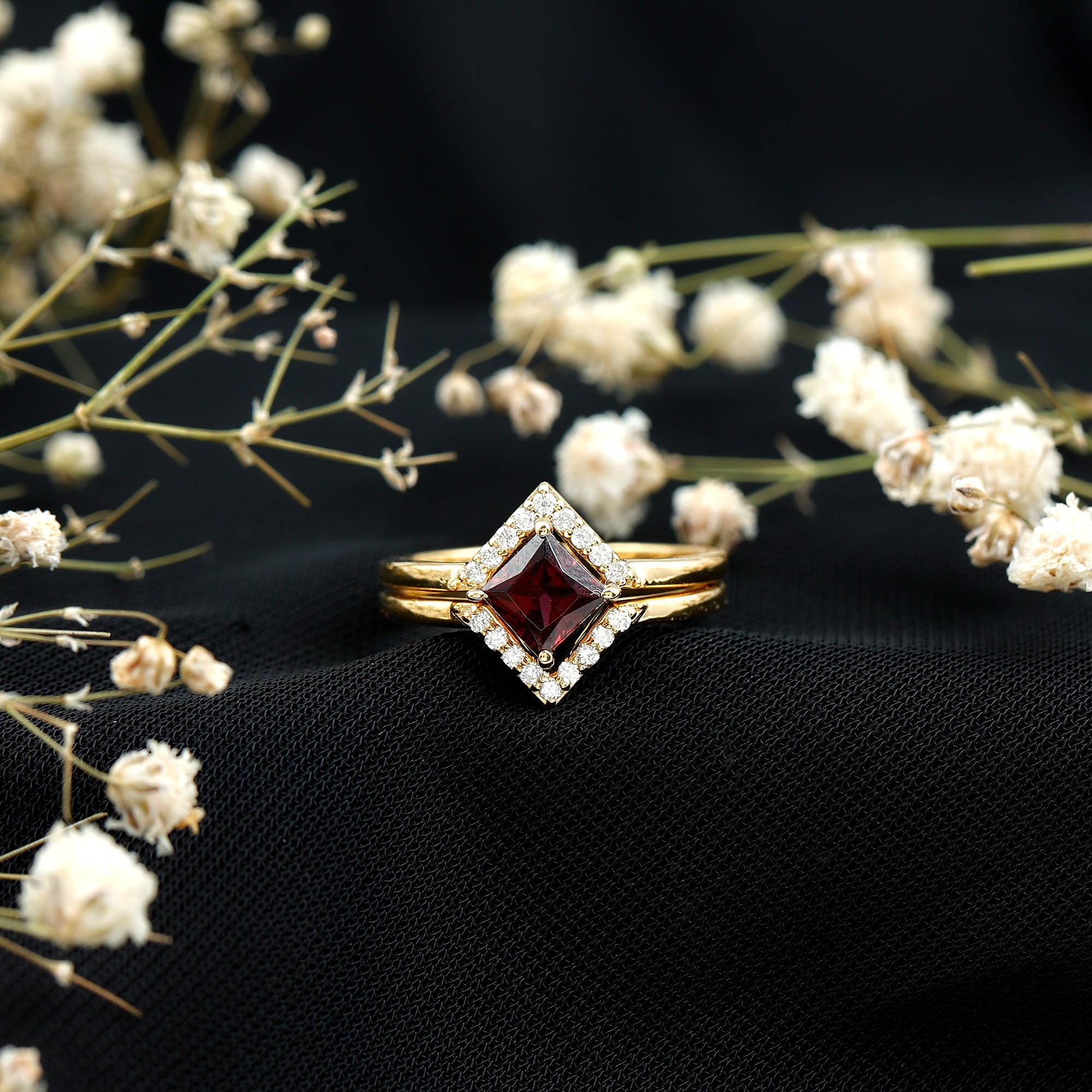 Rhodolite Garnet Engagement Ring – Princess Cut 14k Yellow Gold with Diamond Enhancer Band