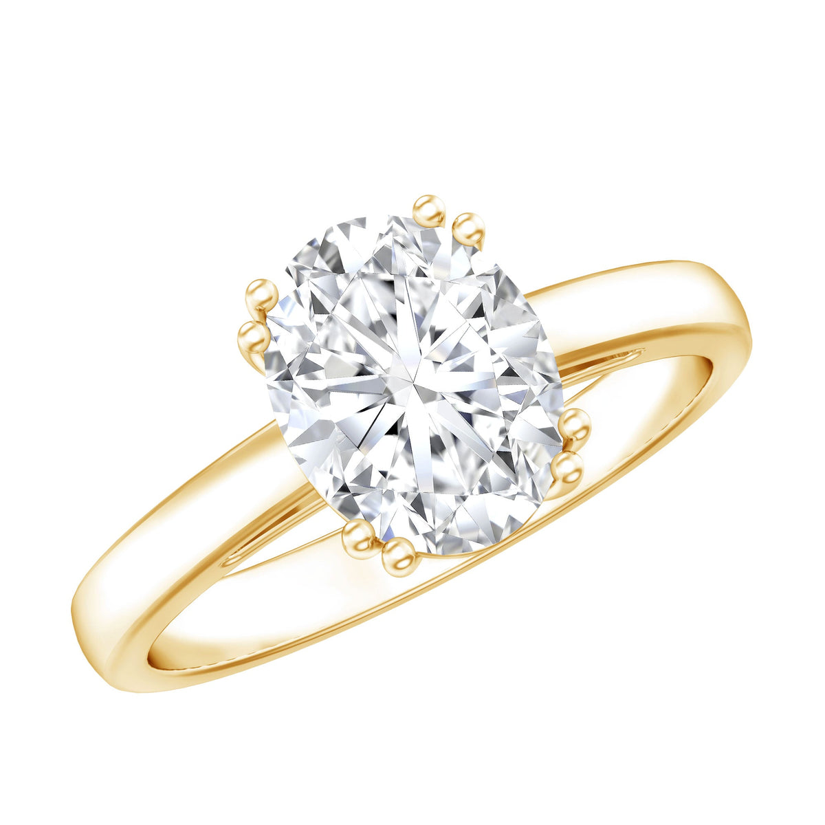 A gold engagement ring with a large oval-shaped diamond set in the center.