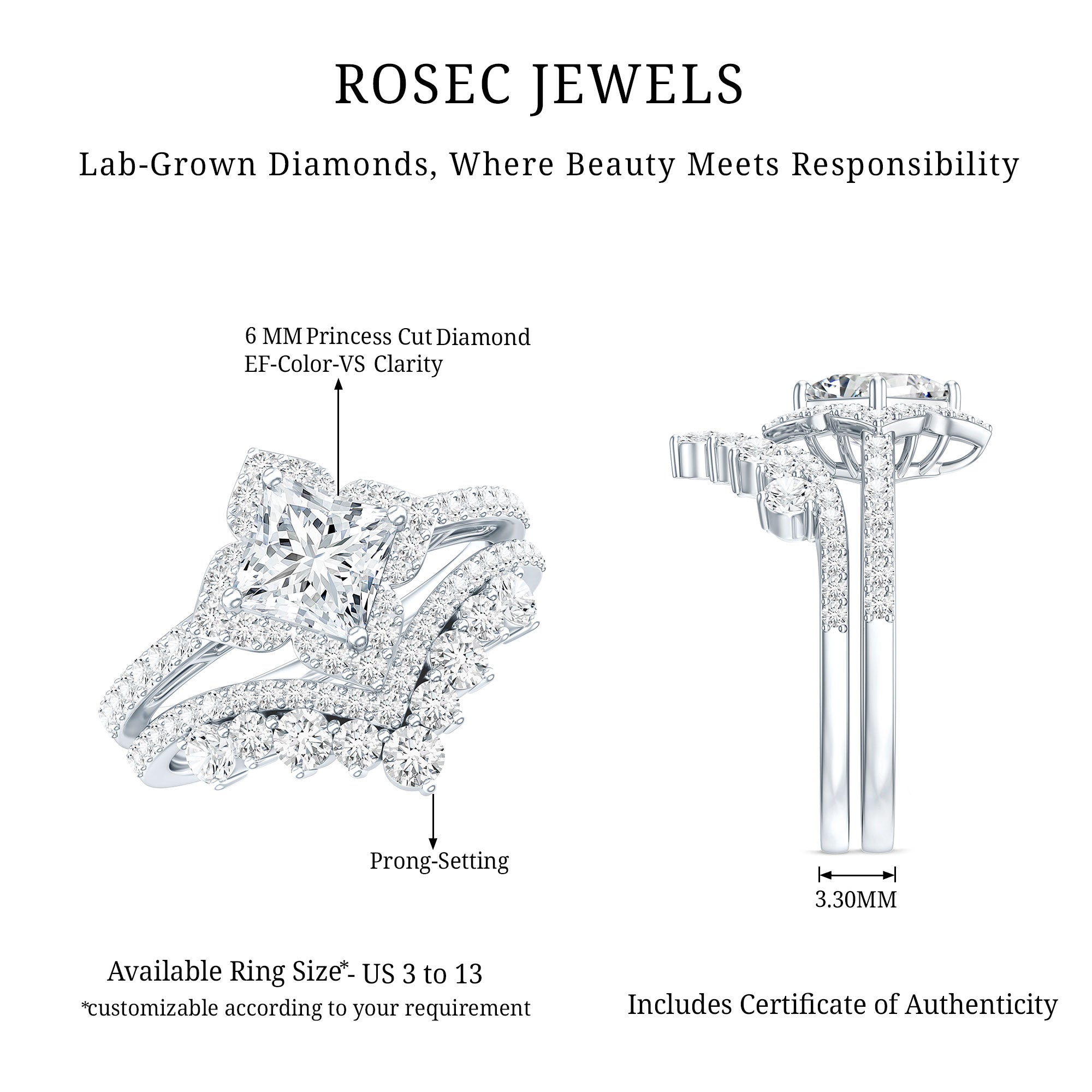 1.25 Carat Princess Cut Lab Grown Diamond Designer Bridal Ring Set