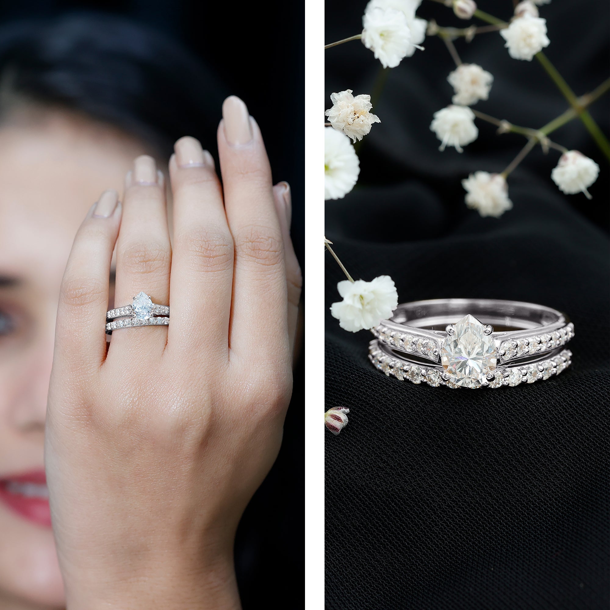 Pear Cut 1.3 Carat Lab Grown Diamond Marriage Ring Set for Women