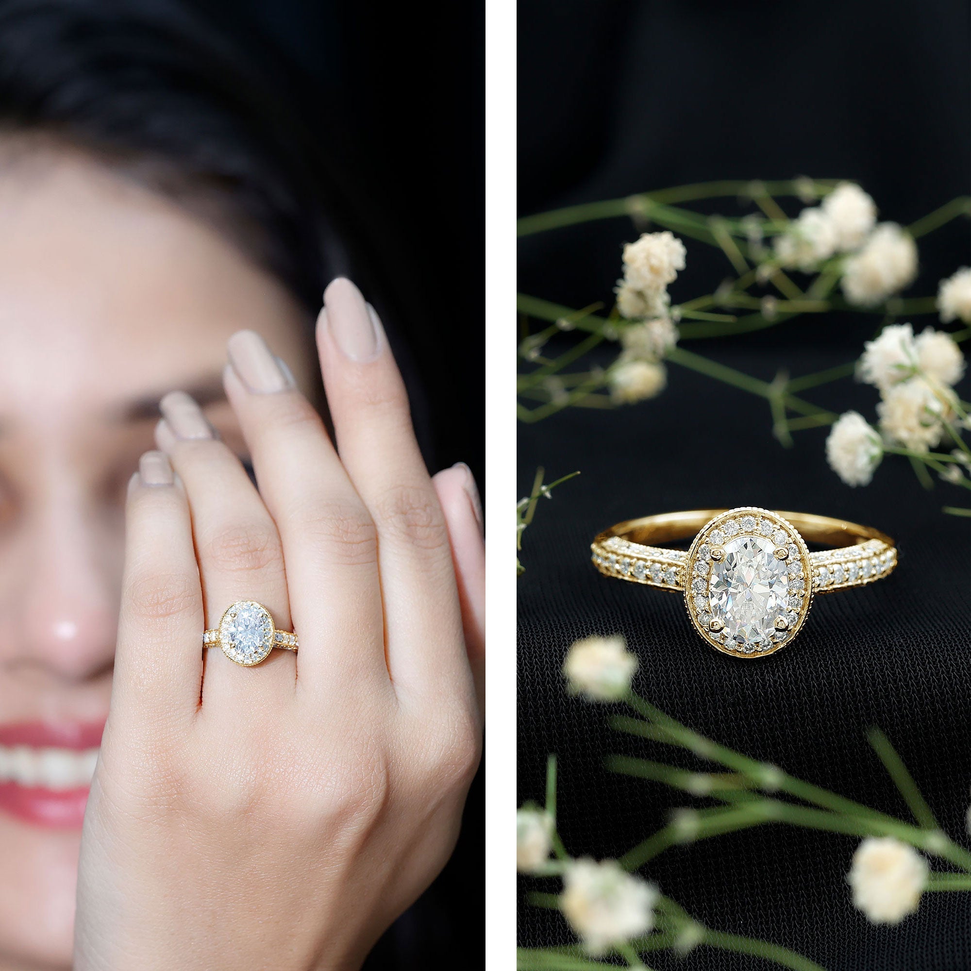6X8 mm Oval Lab Grown Diamond Halo Engagement Ring