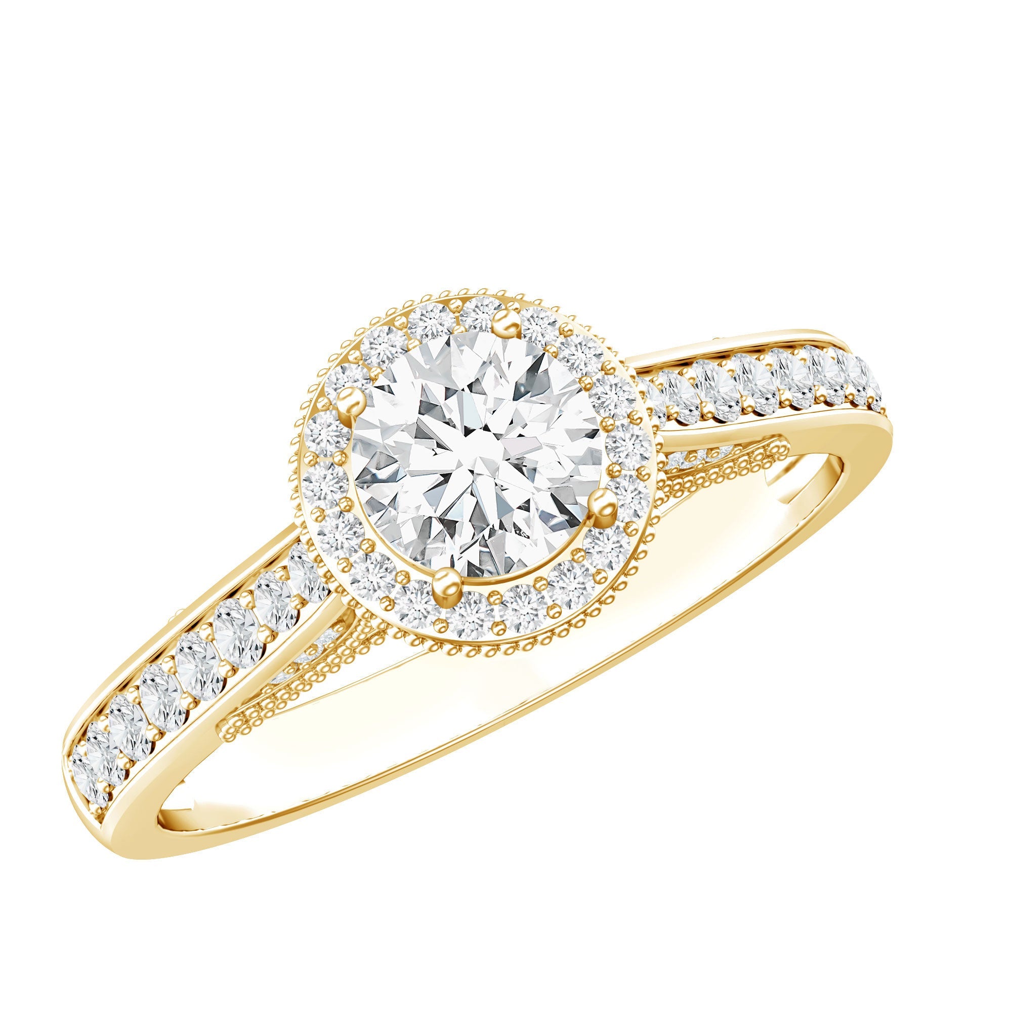 Vintage Engagement Ring – Diamond Halo Ring with Lab Grown Stone & Beaded Frame