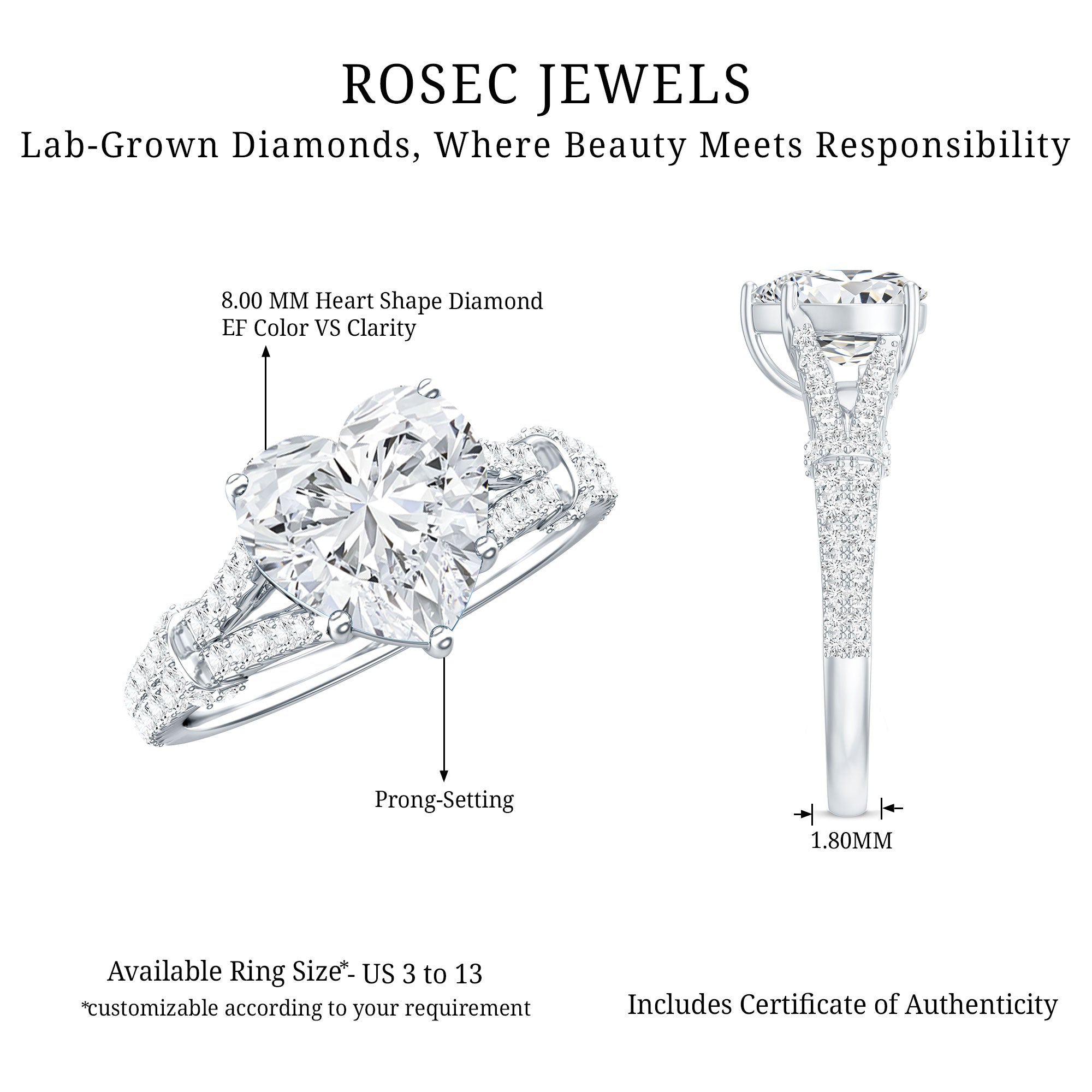 2 Carat Lab Grown Diamond Heart Shape Engagement Ring
