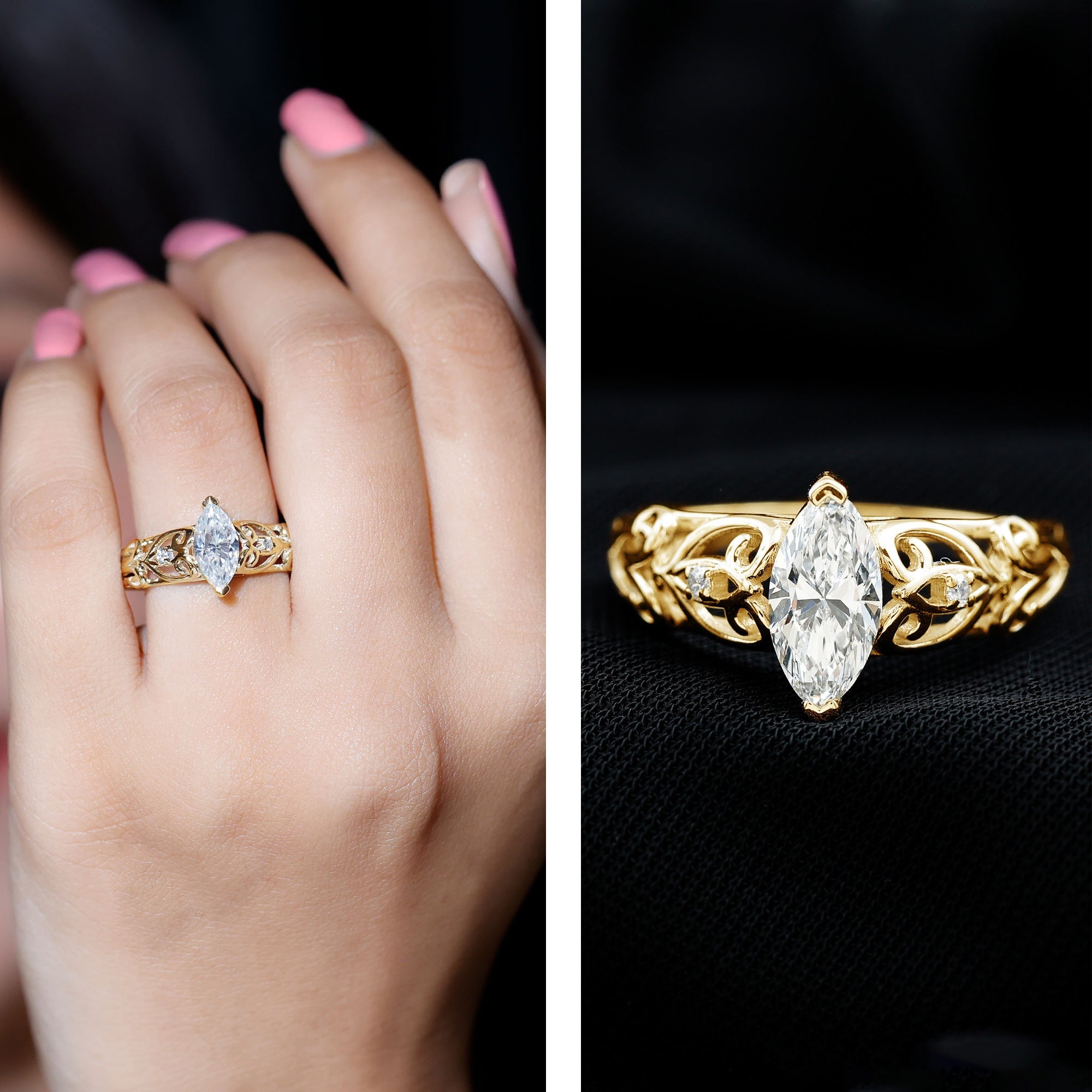 Marquise Cut Lab Grown Diamond Solitaire Filigree Engagement Ring