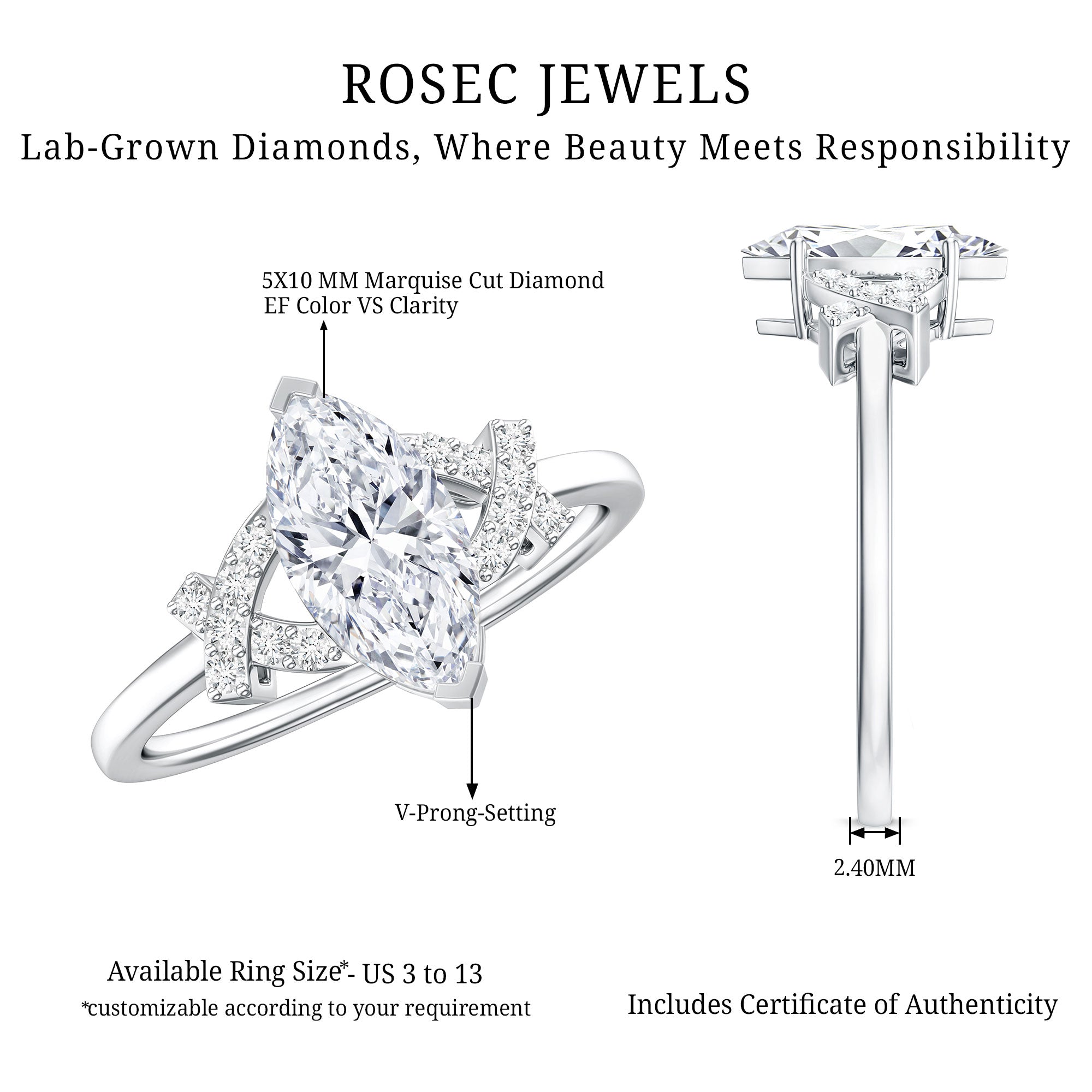 Lab Grown Diamond 1 Carat Marquise Engagement Ring