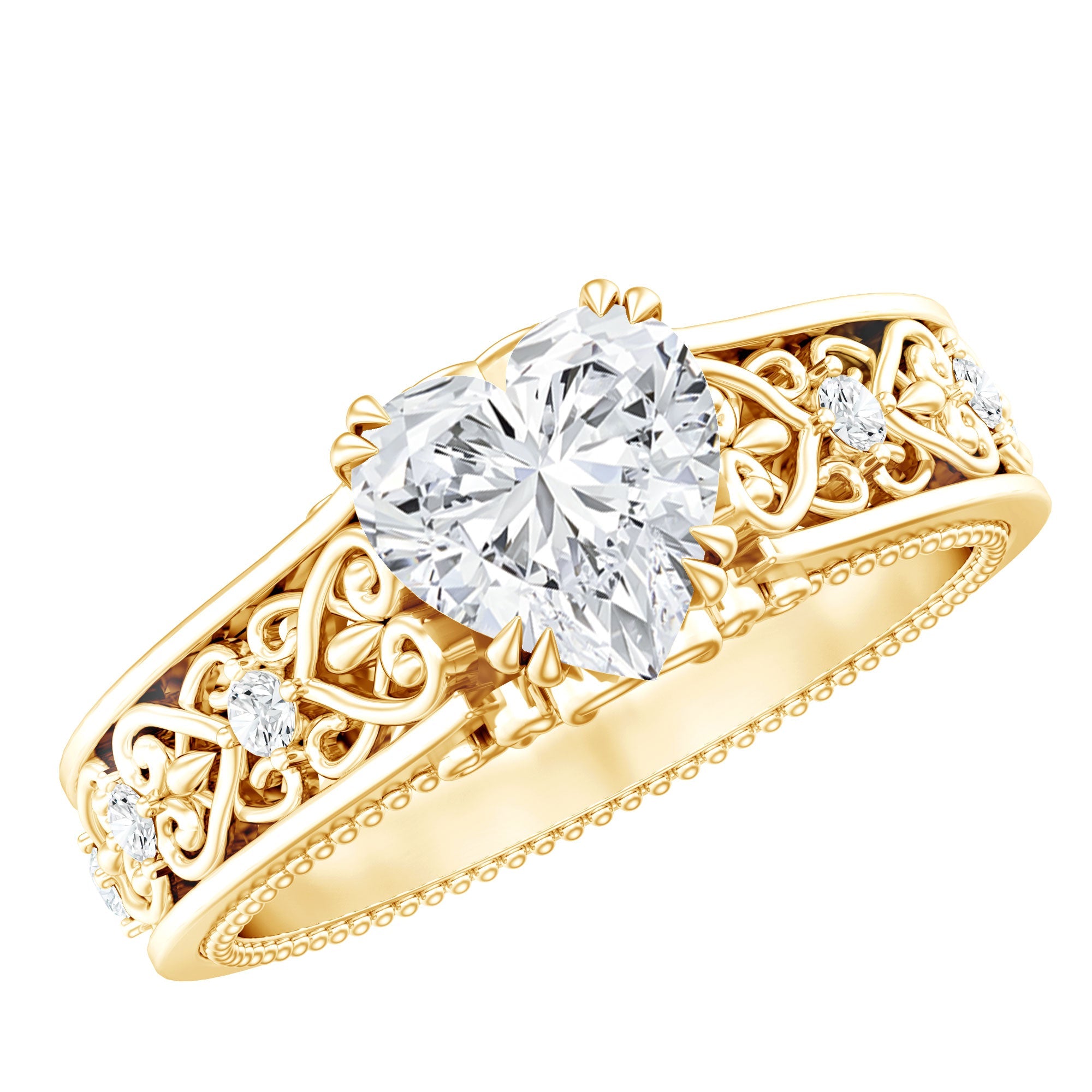 Heart Lab Created Ring - Certified Vintage Engagement Band With Intricate Metalwork Design