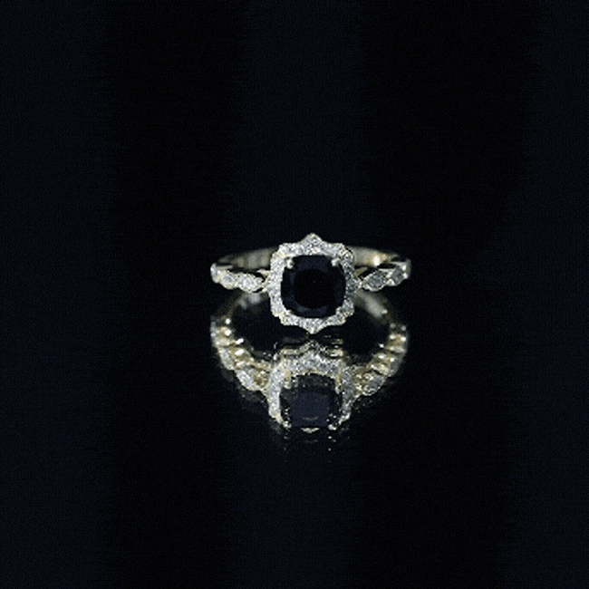 Black Onyx Vintage Looking Engagement Ring with Lab Diamond Halo