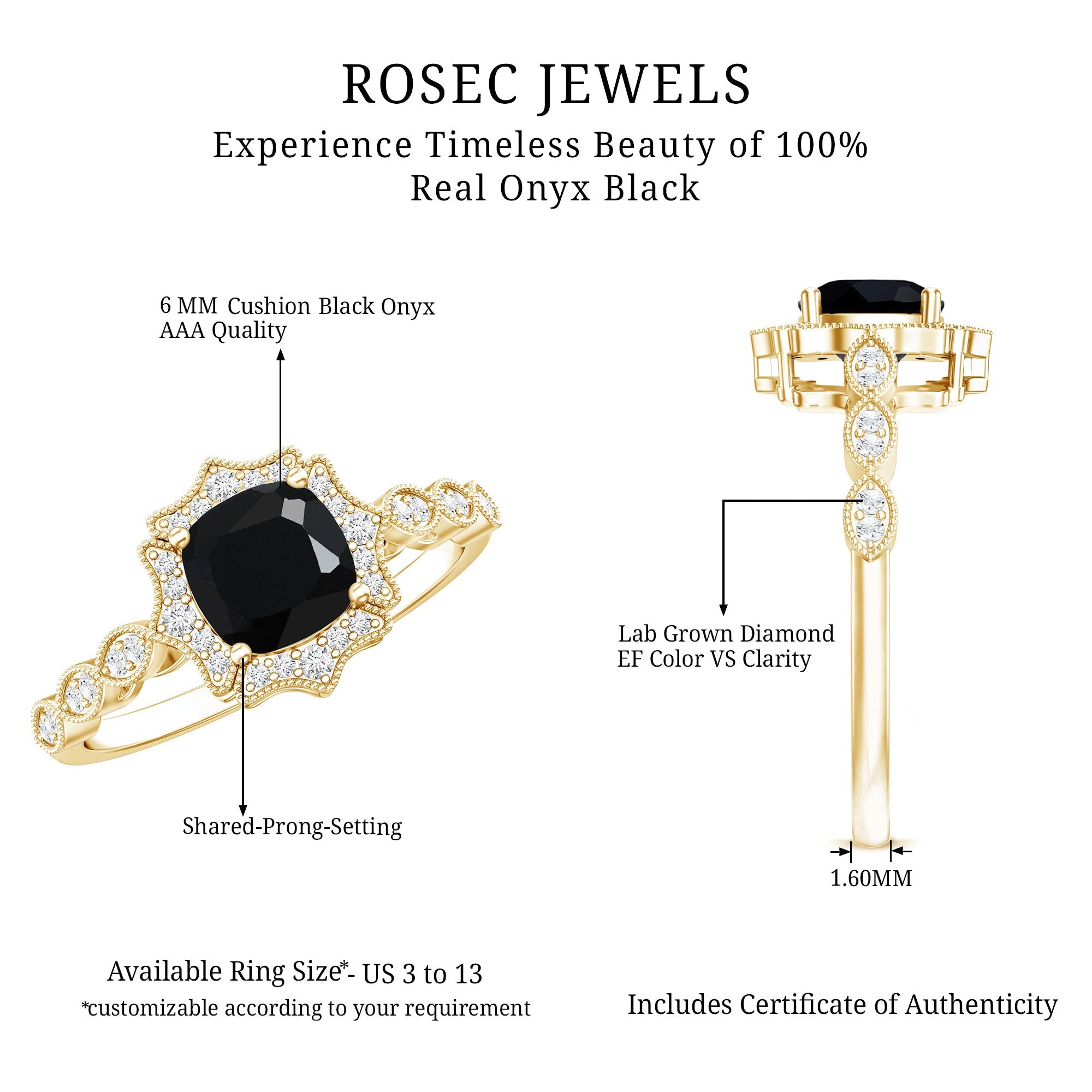 Black Onyx Vintage Looking Engagement Ring with Lab Diamond Halo