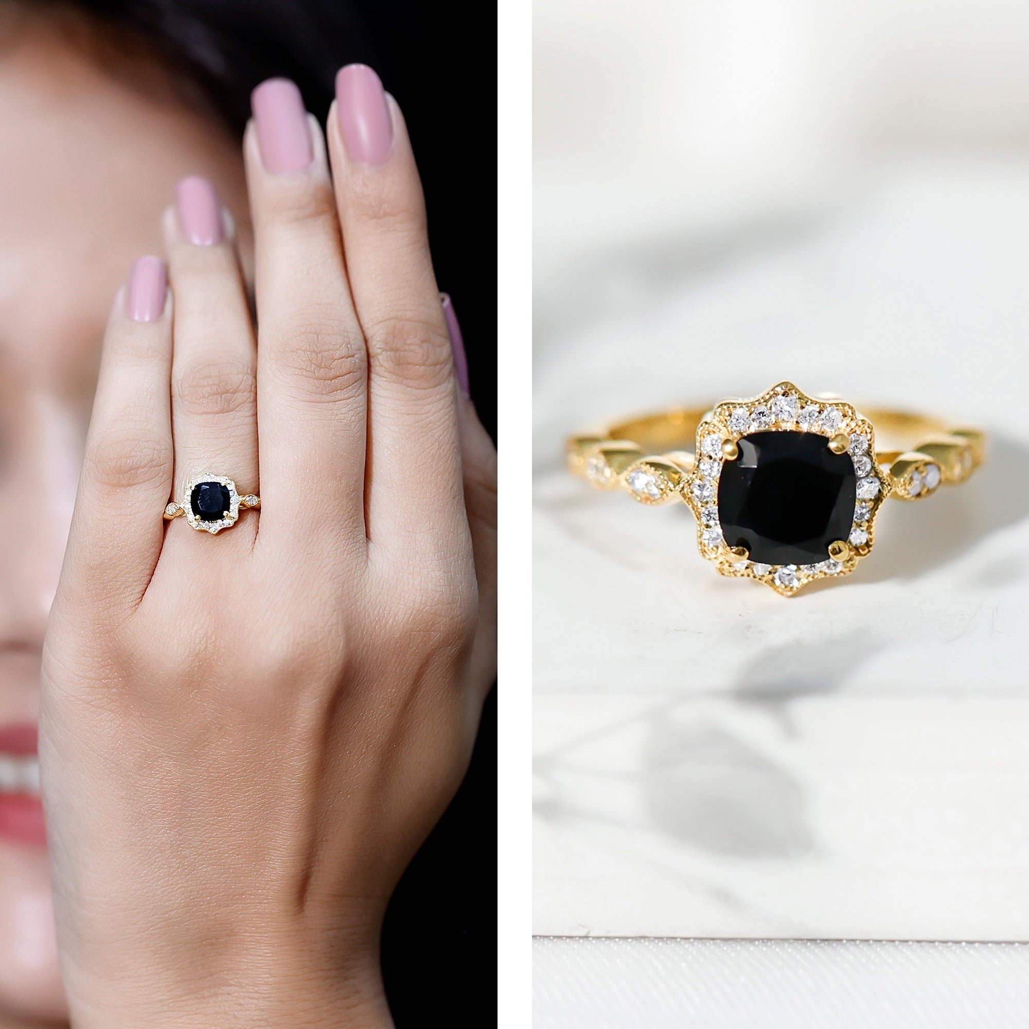Black Onyx Vintage Looking Engagement Ring with Lab Diamond Halo