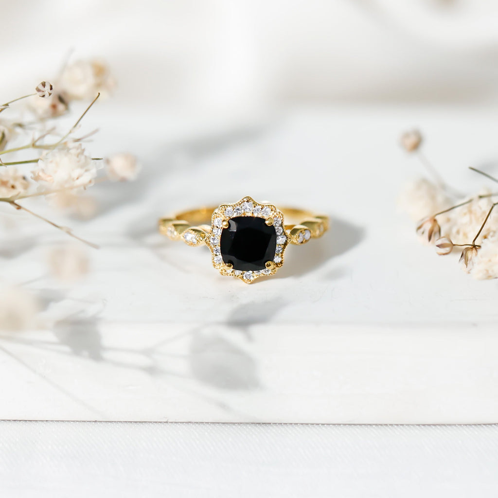 Black Onyx Vintage Looking Engagement Ring with Lab Diamond Halo
