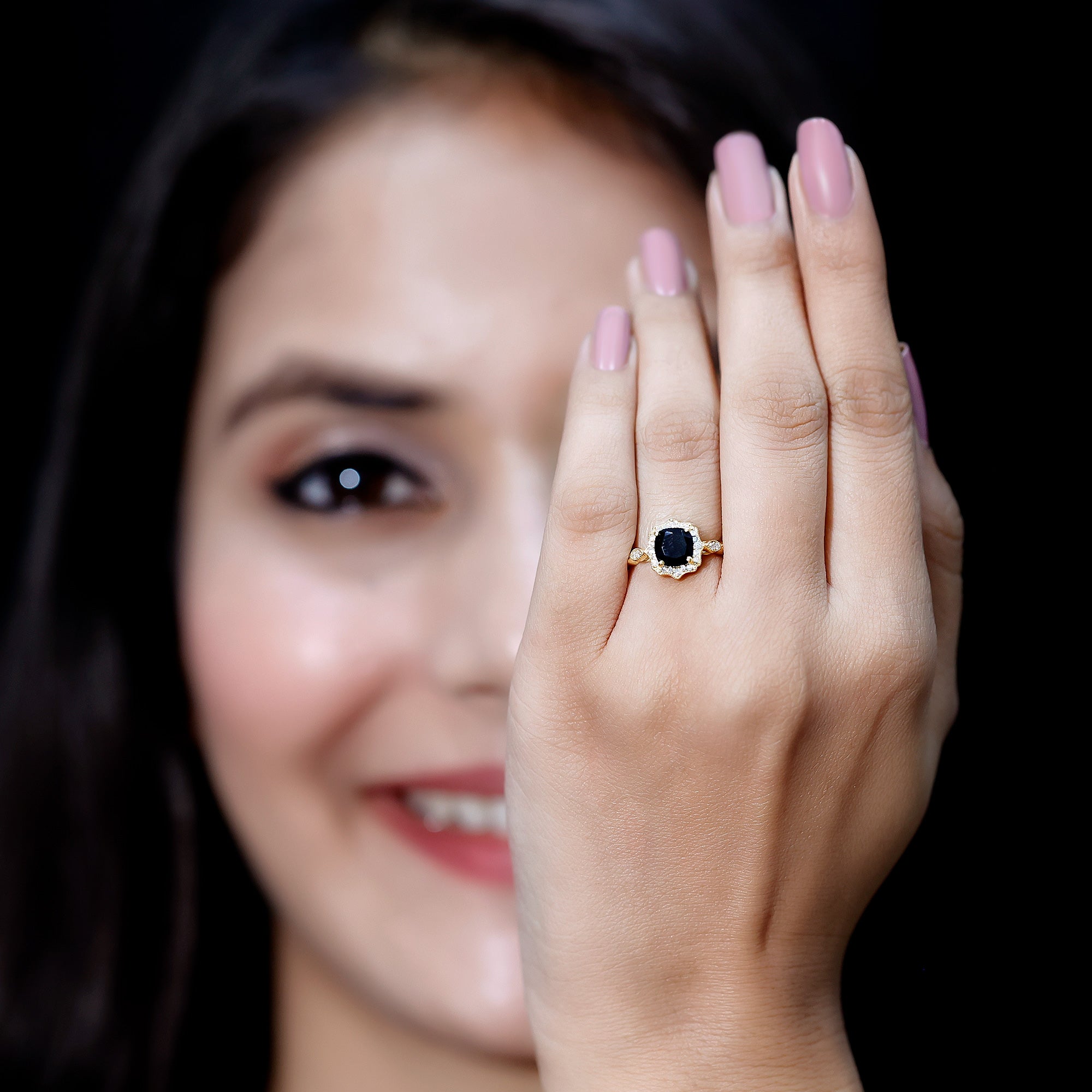 Black Onyx Vintage Looking Engagement Ring with Lab Diamond Halo