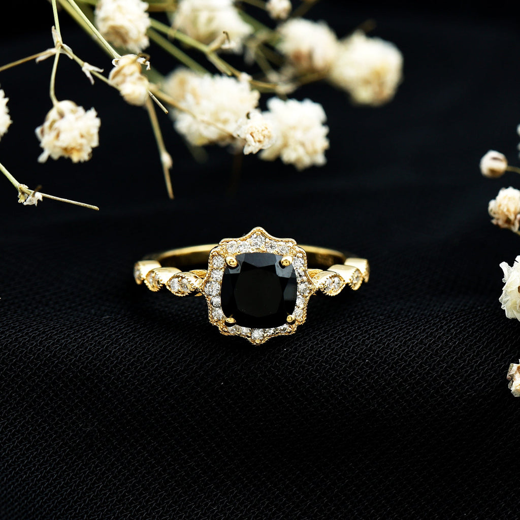 Black Onyx Vintage Looking Engagement Ring with Lab Diamond Halo