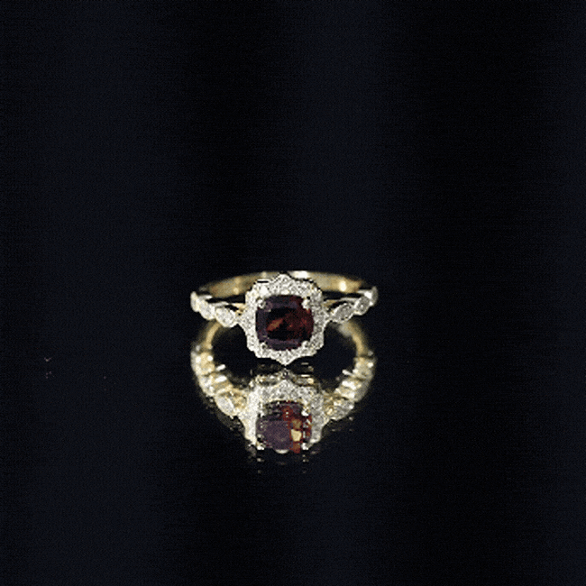 Vintage Garnet Engagement Ring – Cushion Cut Garnet, Lab Grown Diamond Halo, 14K Yellow Gold