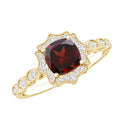 Vintage Garnet Engagement Ring – Cushion Cut Garnet, Lab Grown Diamond Halo, 14K Yellow Gold