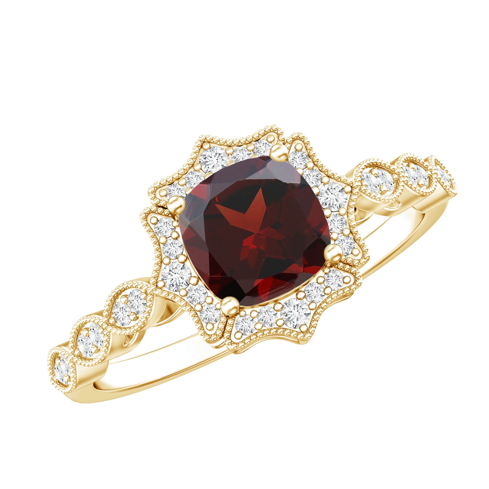 Vintage Garnet Engagement Ring – Cushion Cut Garnet, Lab Grown Diamond Halo, 14K Yellow Gold