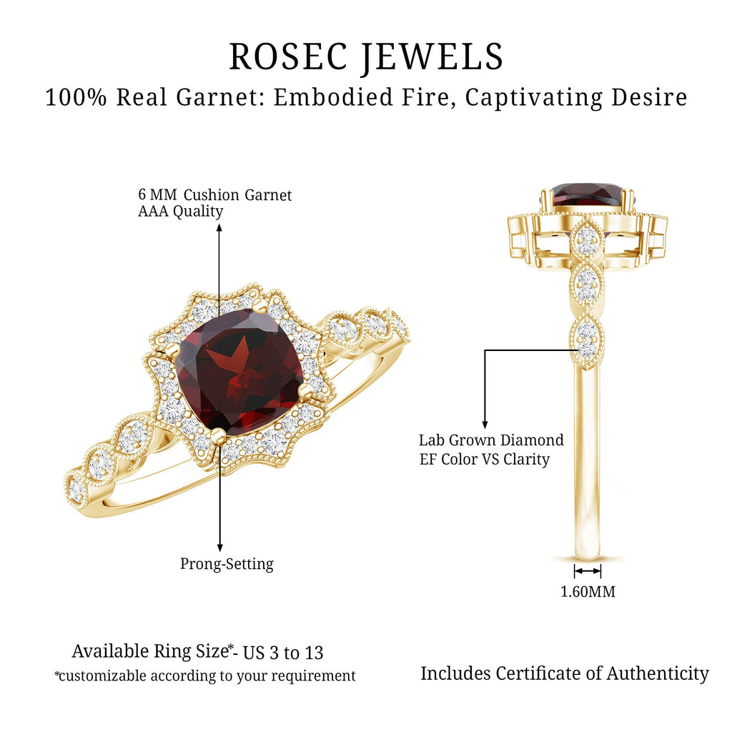 Vintage Garnet Engagement Ring – Cushion Cut Garnet, Lab Grown Diamond Halo, 14K Yellow Gold
