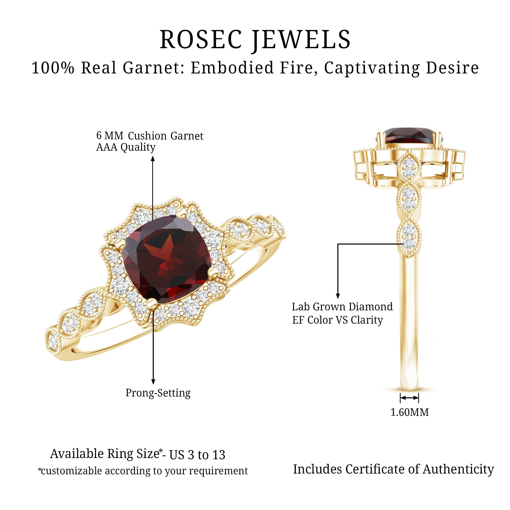 Vintage Garnet Engagement Ring – Cushion Cut Garnet, Lab Grown Diamond Halo, 14K Yellow Gold