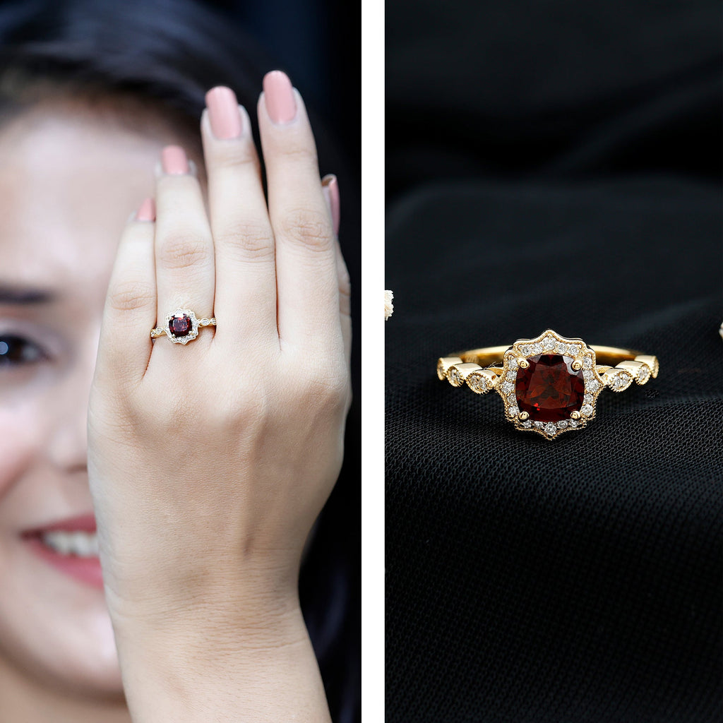 Vintage Garnet Engagement Ring – Cushion Cut Garnet, Lab Grown Diamond Halo, 14K Yellow Gold