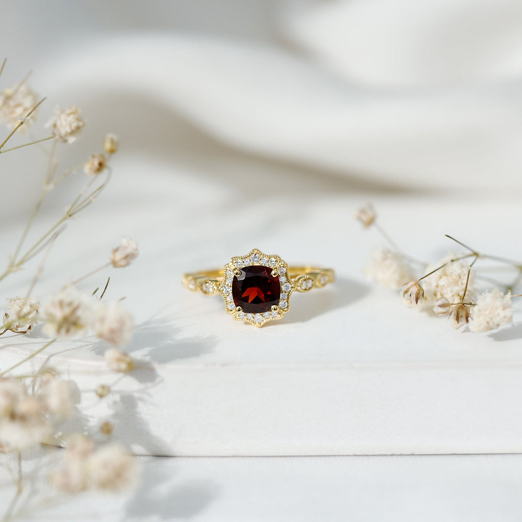 Vintage Garnet Engagement Ring – Cushion Cut Garnet, Lab Grown Diamond Halo, 14K Yellow Gold