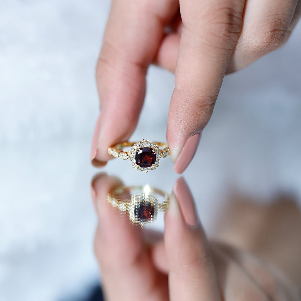 Vintage Garnet Engagement Ring – Cushion Cut Garnet, Lab Grown Diamond Halo, 14K Yellow Gold
