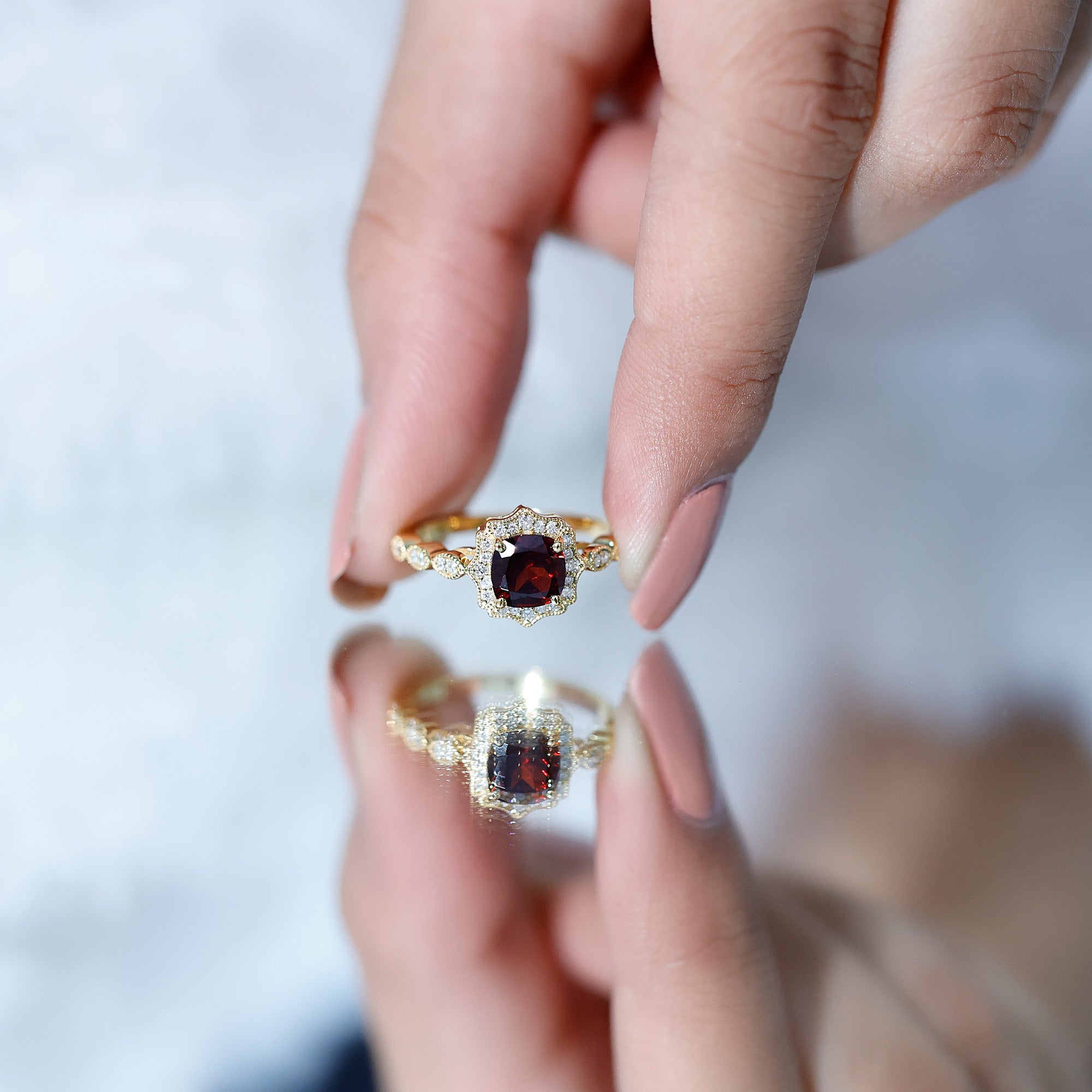 Vintage Garnet Engagement Ring – Cushion Cut Garnet, Lab Grown Diamond Halo, 14K Yellow Gold