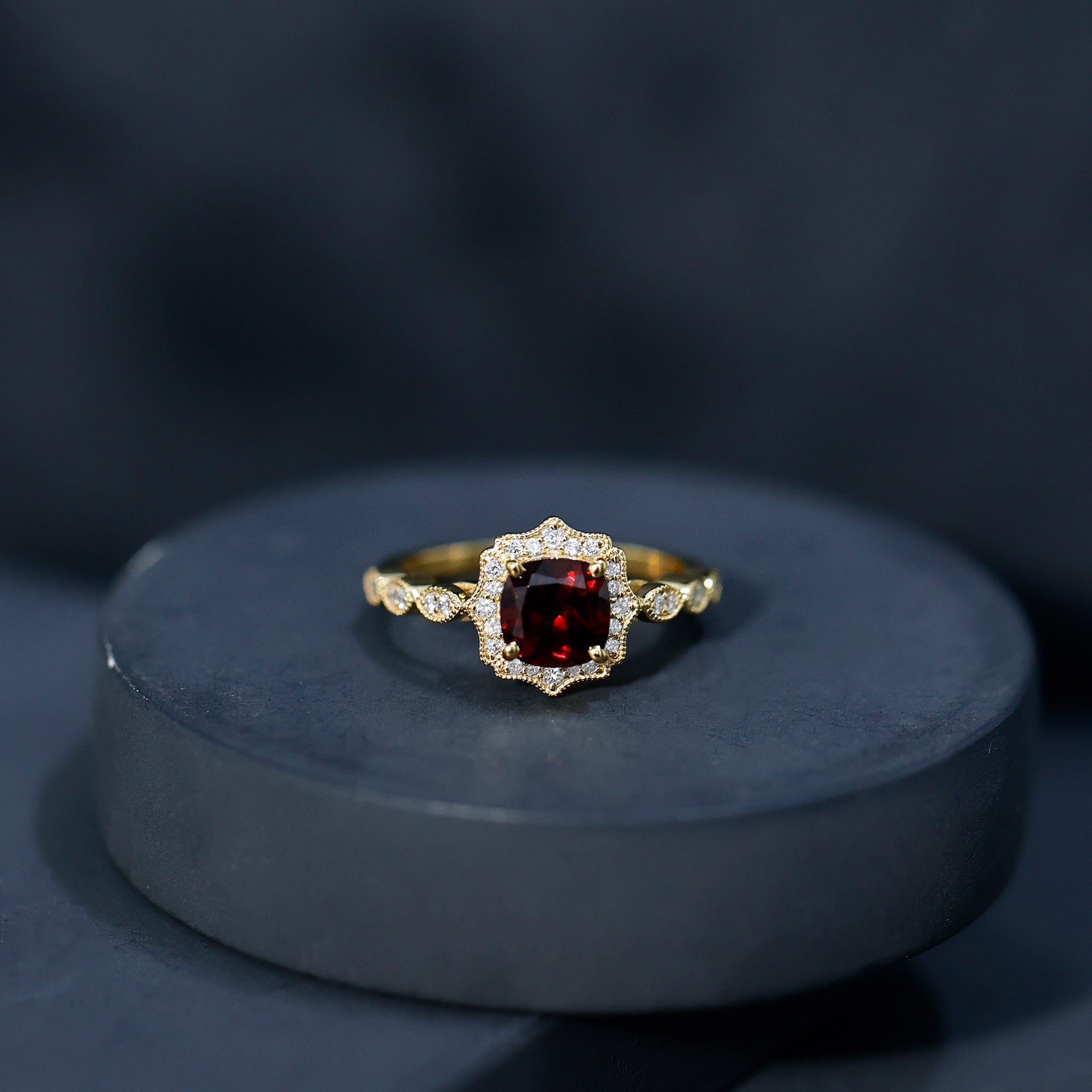 Vintage Garnet Engagement Ring – Cushion Cut Garnet, Lab Grown Diamond Halo, 14K Yellow Gold
