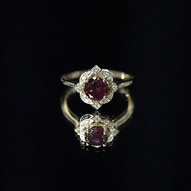 Vintage Engagement Ring – Rhodolite Garnet Diamond Halo Floral Halo Design