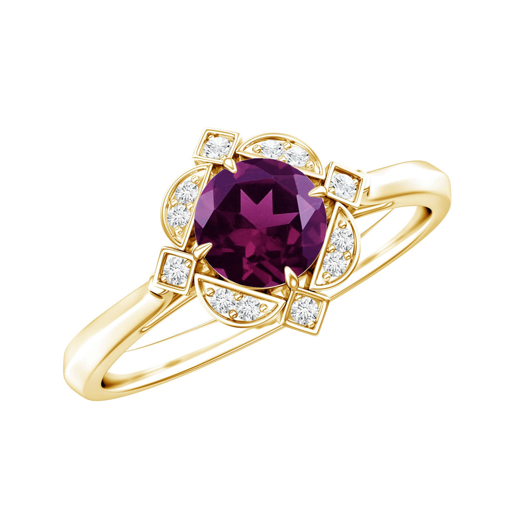 Vintage Engagement Ring – Rhodolite Garnet Diamond Halo Floral Halo Design