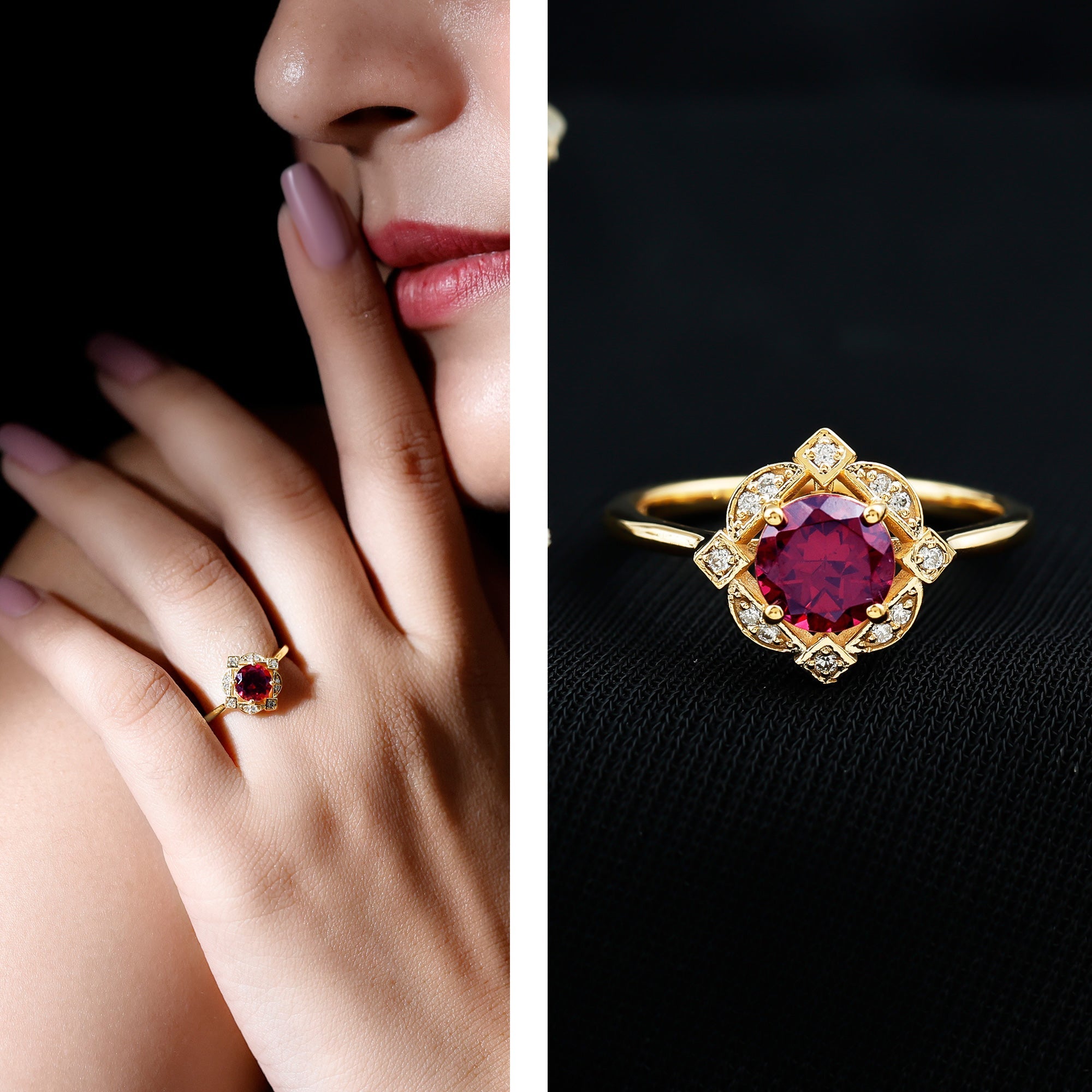 Vintage Engagement Ring – Rhodolite Garnet Diamond Halo Floral Halo Design