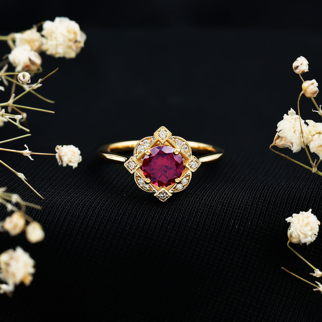 Vintage Engagement Ring – Rhodolite Garnet Diamond Halo Floral Halo Design