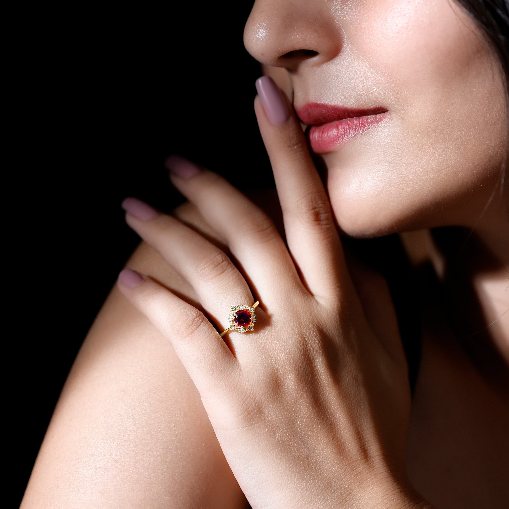 Vintage Engagement Ring – Rhodolite Garnet Diamond Halo Floral Halo Design