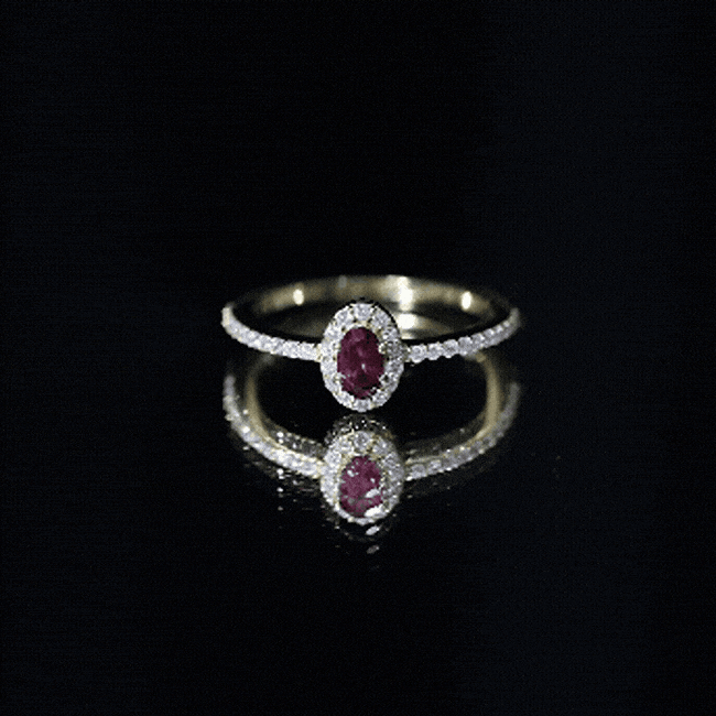 Rhodolite Garnet Promise Ring – Oval Garnet Ring with Diamond Halo | 14k Yellow Gold