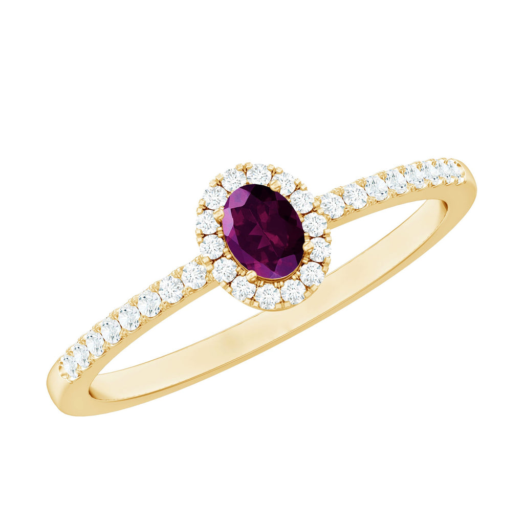 Rhodolite Garnet Promise Ring – Oval Garnet Ring with Diamond Halo | 14k Yellow Gold