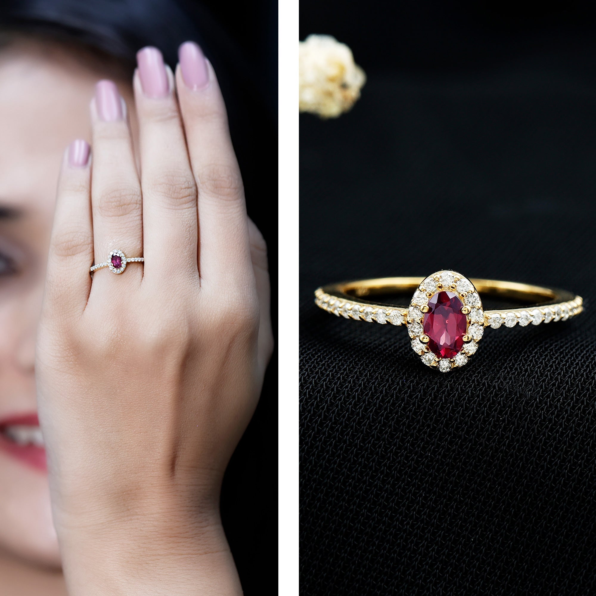 Rhodolite Garnet Promise Ring – Oval Garnet Ring with Diamond Halo | 14k Yellow Gold