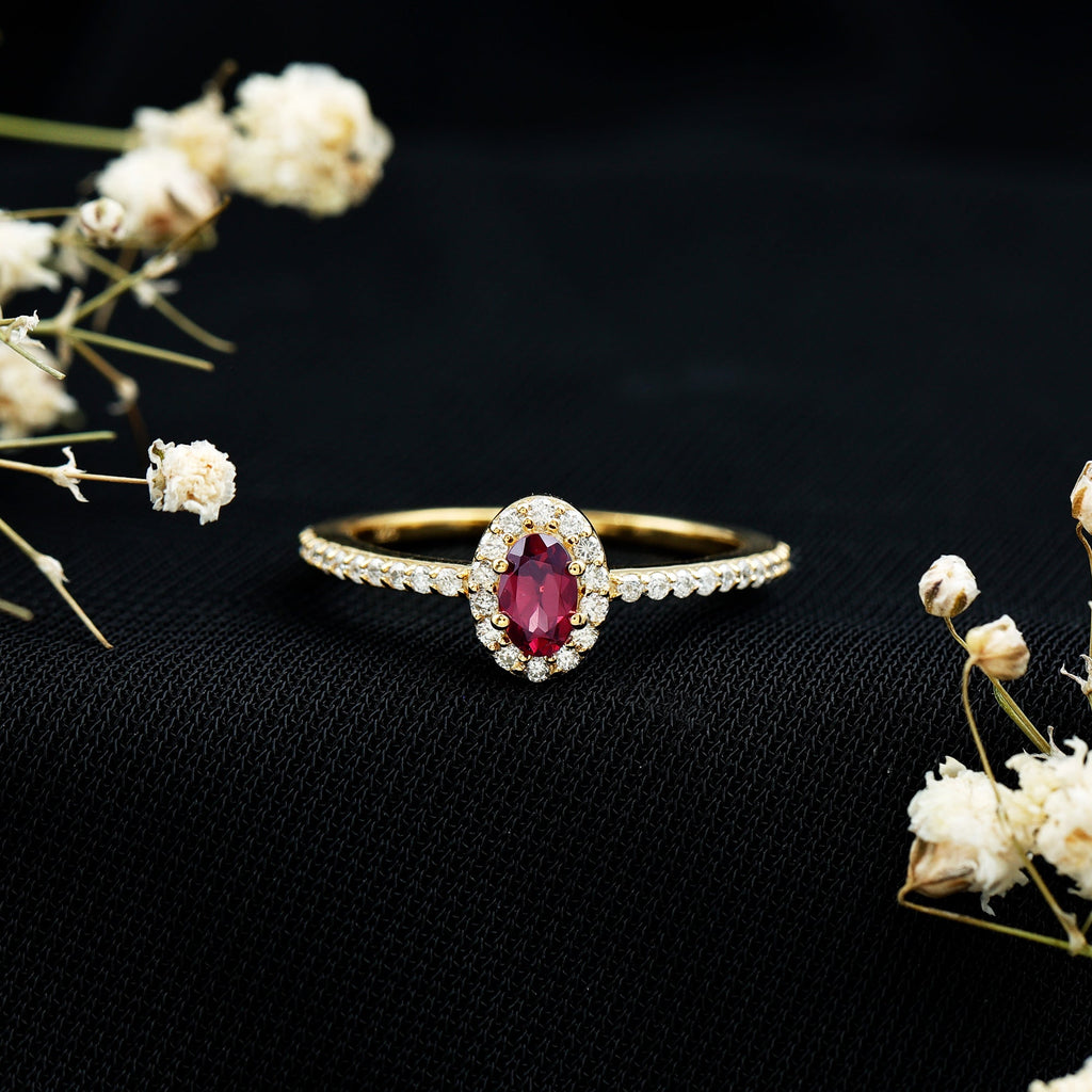 Rhodolite Garnet Promise Ring – Oval Garnet Ring with Diamond Halo | 14k Yellow Gold