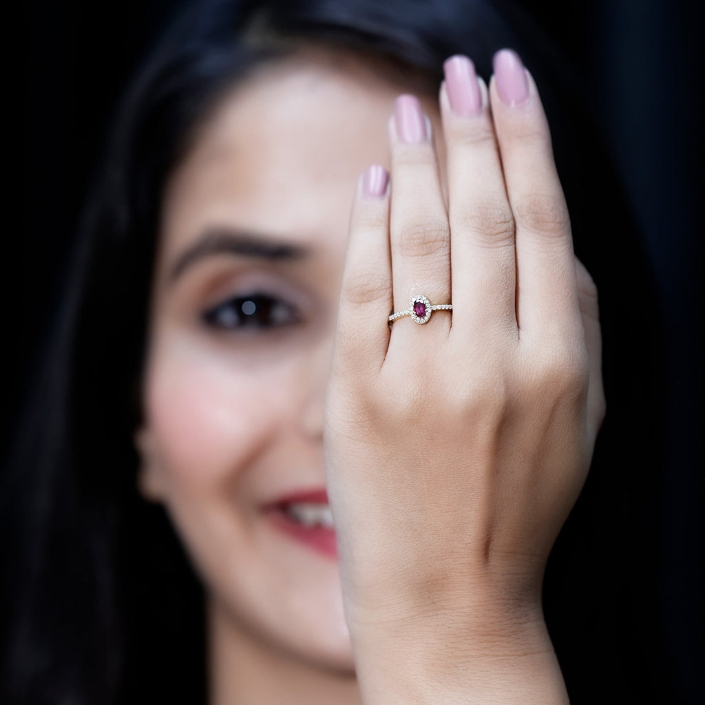 Rhodolite Garnet Promise Ring – Oval Garnet Ring with Diamond Halo | 14k Yellow Gold