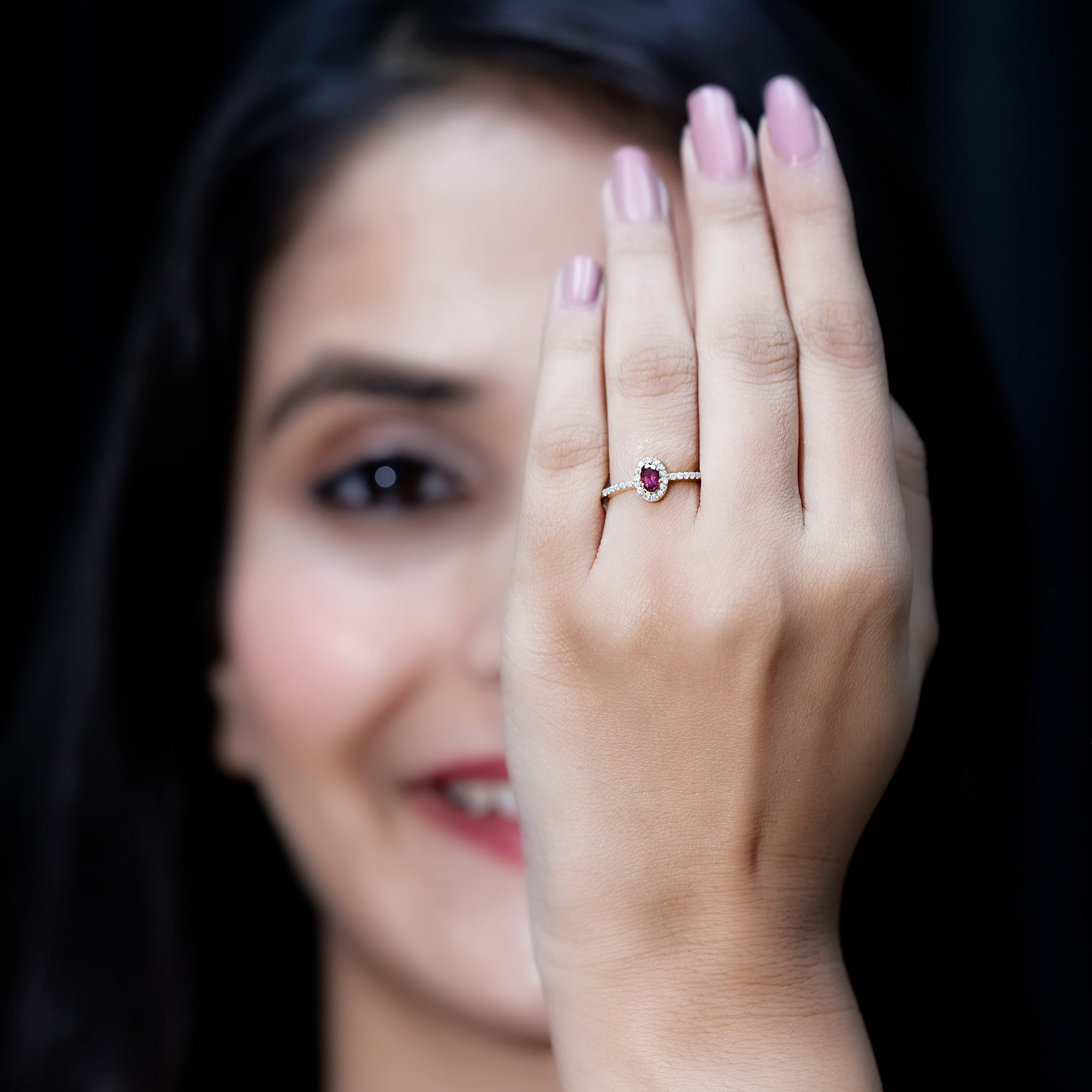 Rhodolite Garnet Promise Ring – Oval Garnet Ring with Diamond Halo | 14k Yellow Gold