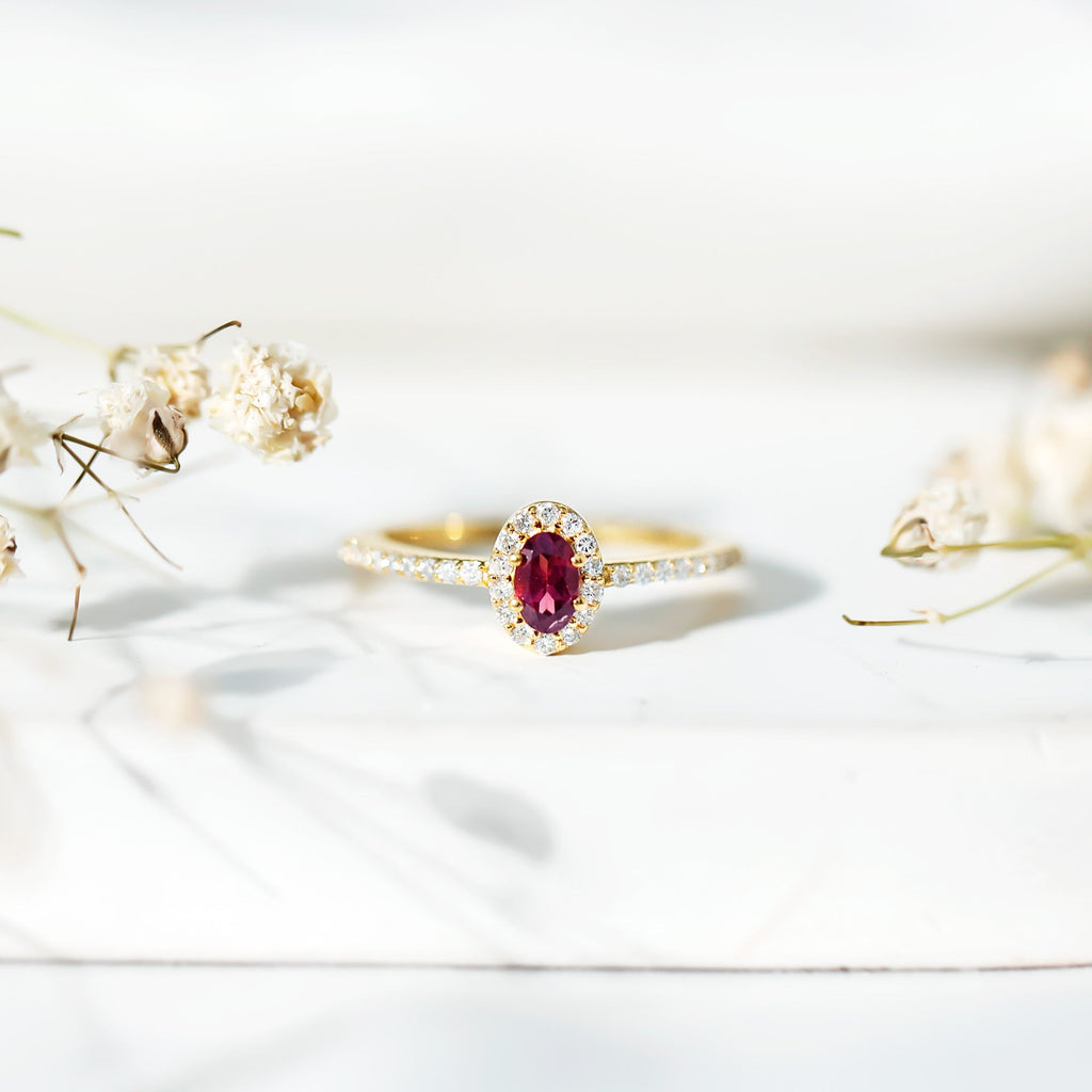 Rhodolite Garnet Promise Ring – Oval Garnet Ring with Diamond Halo | 14k Yellow Gold