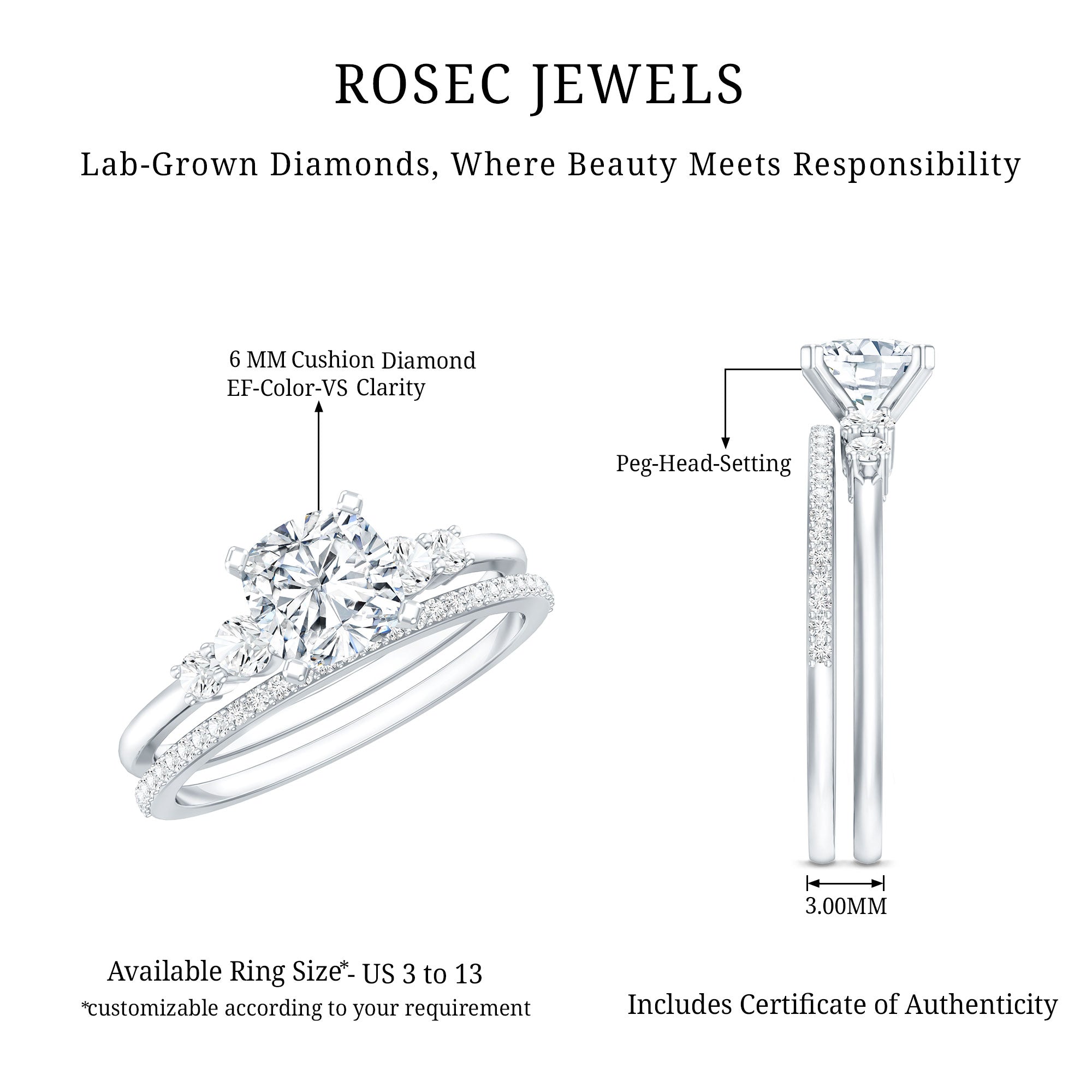 1.7 Carat Lab Grown Diamond Cushion Engagement Ring with Wedding band
